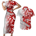 St George Illawarra Dragons Rugby Couples Matching Short Sleeve Bodycon Dress and Hawaiian Shirt Fierce Mascot Geometric Tribal Art