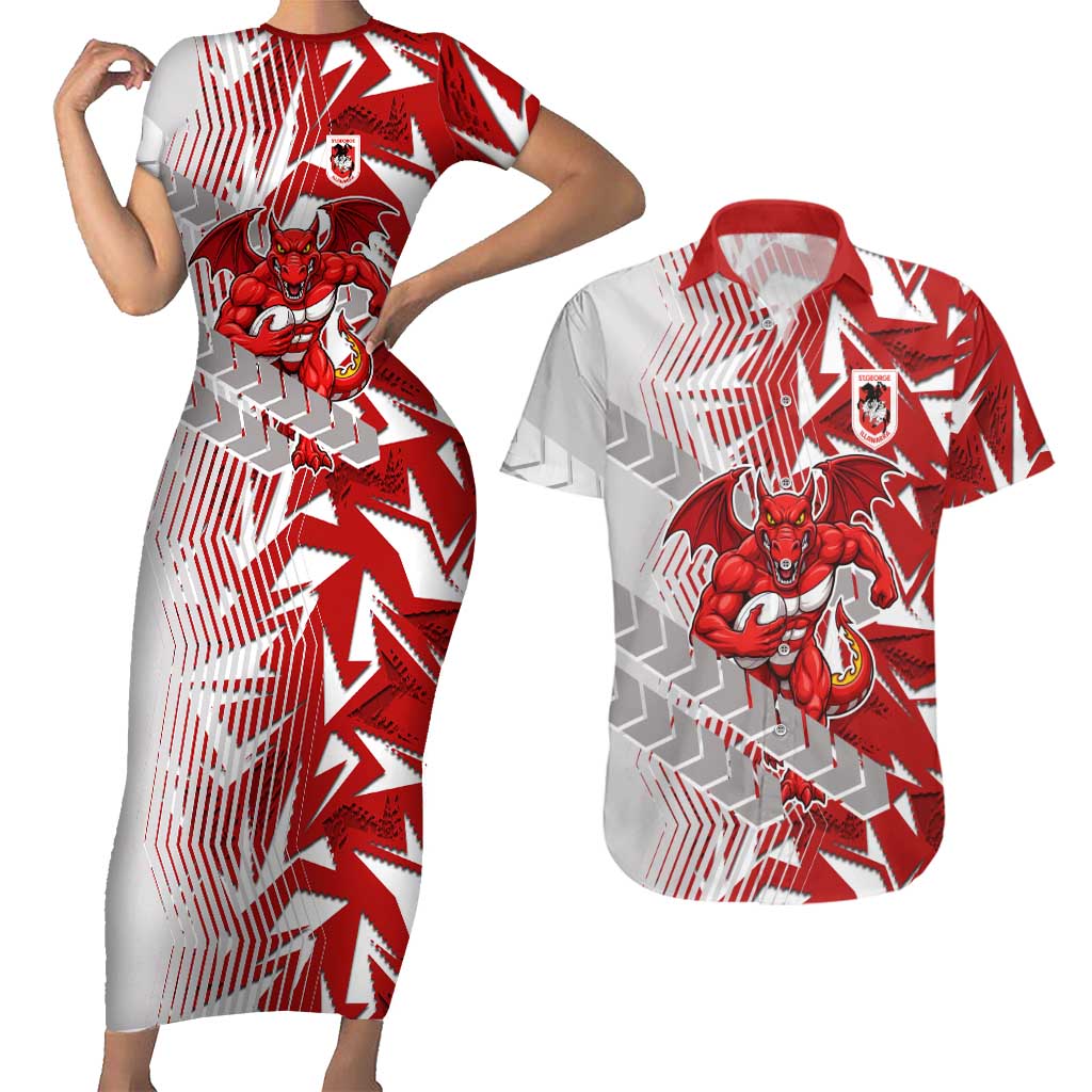 St George Illawarra Dragons Rugby Couples Matching Short Sleeve Bodycon Dress and Hawaiian Shirt Fierce Mascot Geometric Tribal Art