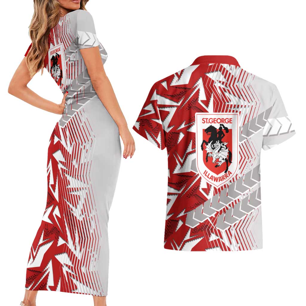 St George Illawarra Dragons Rugby Couples Matching Short Sleeve Bodycon Dress and Hawaiian Shirt Fierce Mascot Geometric Tribal Art