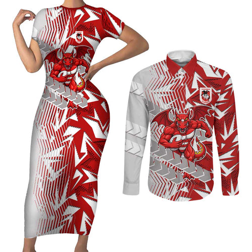 St George Illawarra Dragons Rugby Couples Matching Short Sleeve Bodycon Dress and Long Sleeve Button Shirt Fierce Mascot Geometric Tribal Art