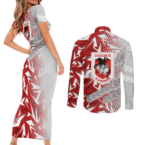 St George Illawarra Dragons Rugby Couples Matching Short Sleeve Bodycon Dress and Long Sleeve Button Shirt Fierce Mascot Geometric Tribal Art
