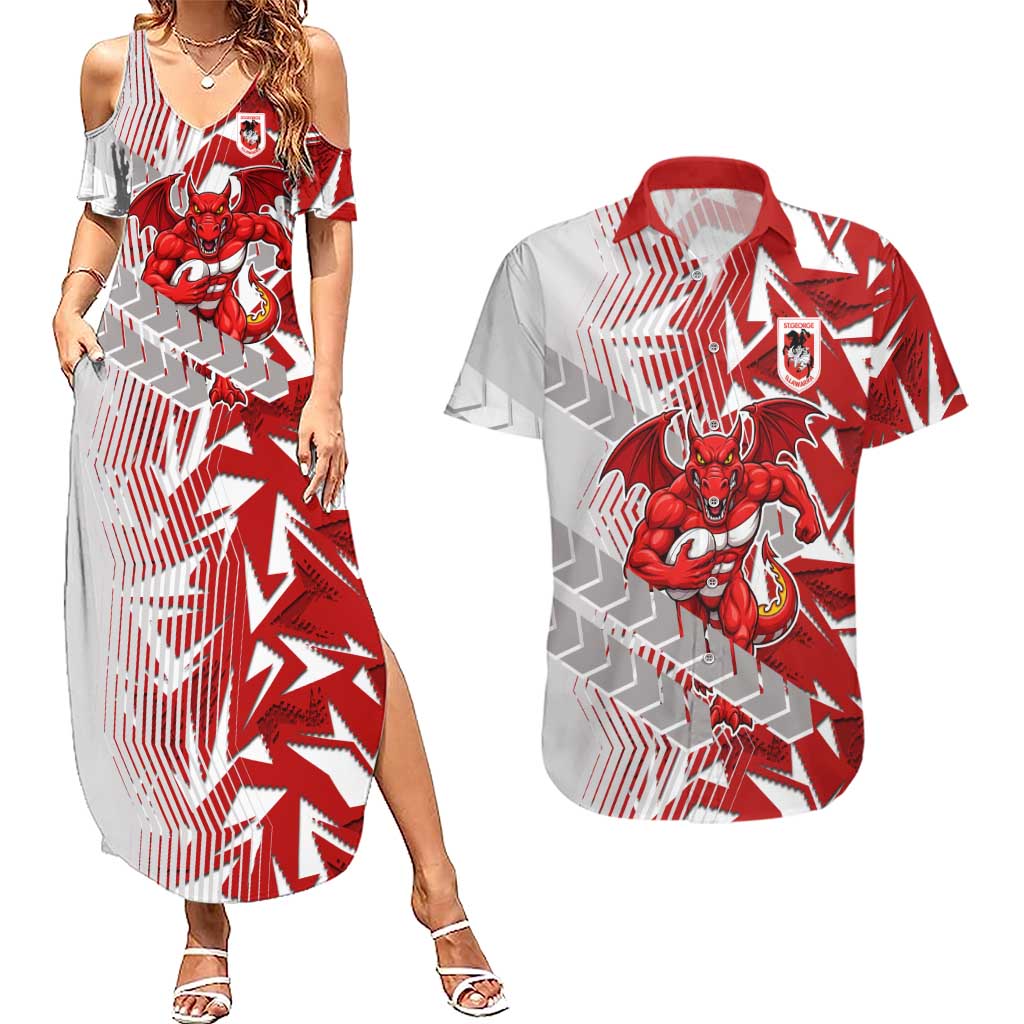 St George Illawarra Dragons Rugby Couples Matching Summer Maxi Dress and Hawaiian Shirt Fierce Mascot Geometric Tribal Art