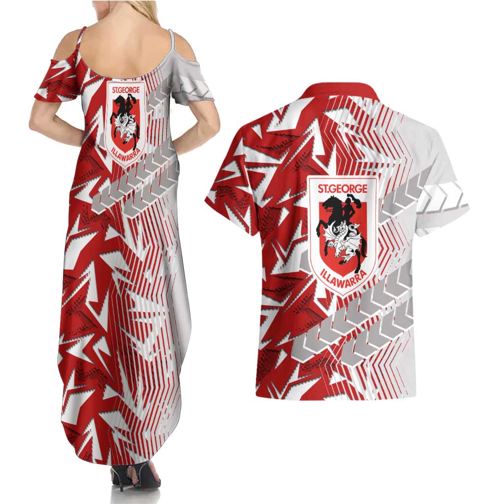 St George Illawarra Dragons Rugby Couples Matching Summer Maxi Dress and Hawaiian Shirt Fierce Mascot Geometric Tribal Art