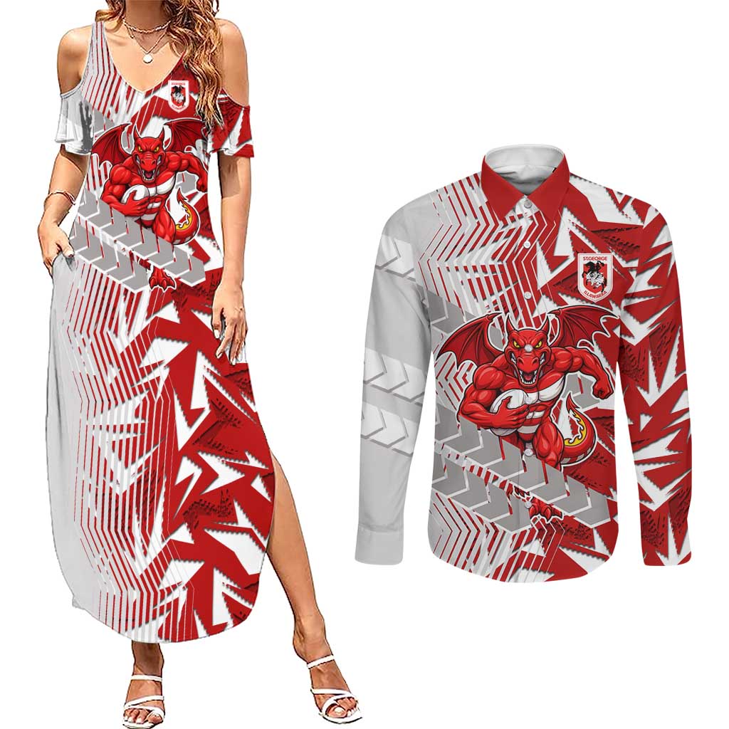 St George Illawarra Dragons Rugby Couples Matching Summer Maxi Dress and Long Sleeve Button Shirt Fierce Mascot Geometric Tribal Art