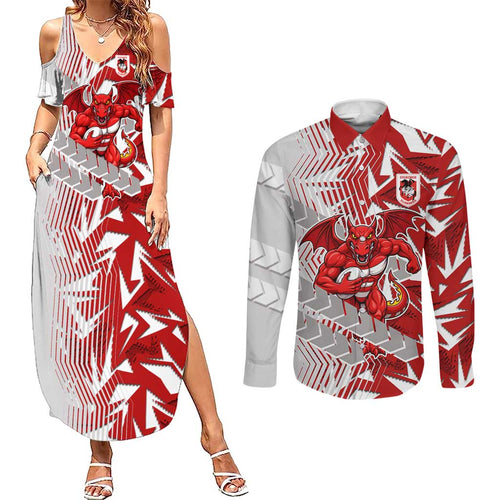 St George Illawarra Dragons Rugby Couples Matching Summer Maxi Dress and Long Sleeve Button Shirt Fierce Mascot Geometric Tribal Art
