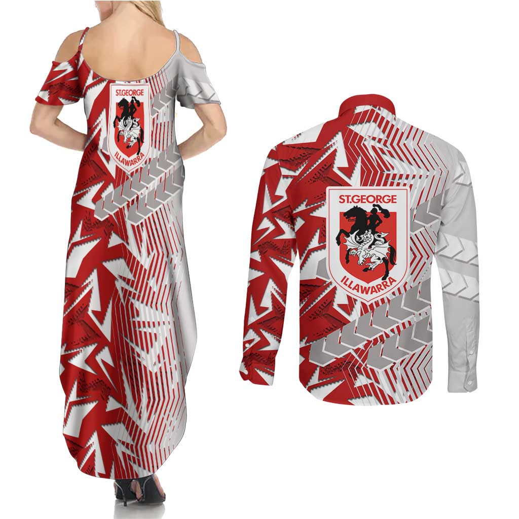 St George Illawarra Dragons Rugby Couples Matching Summer Maxi Dress and Long Sleeve Button Shirt Fierce Mascot Geometric Tribal Art