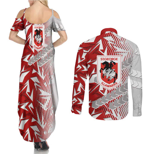 St George Illawarra Dragons Rugby Couples Matching Summer Maxi Dress and Long Sleeve Button Shirt Fierce Mascot Geometric Tribal Art
