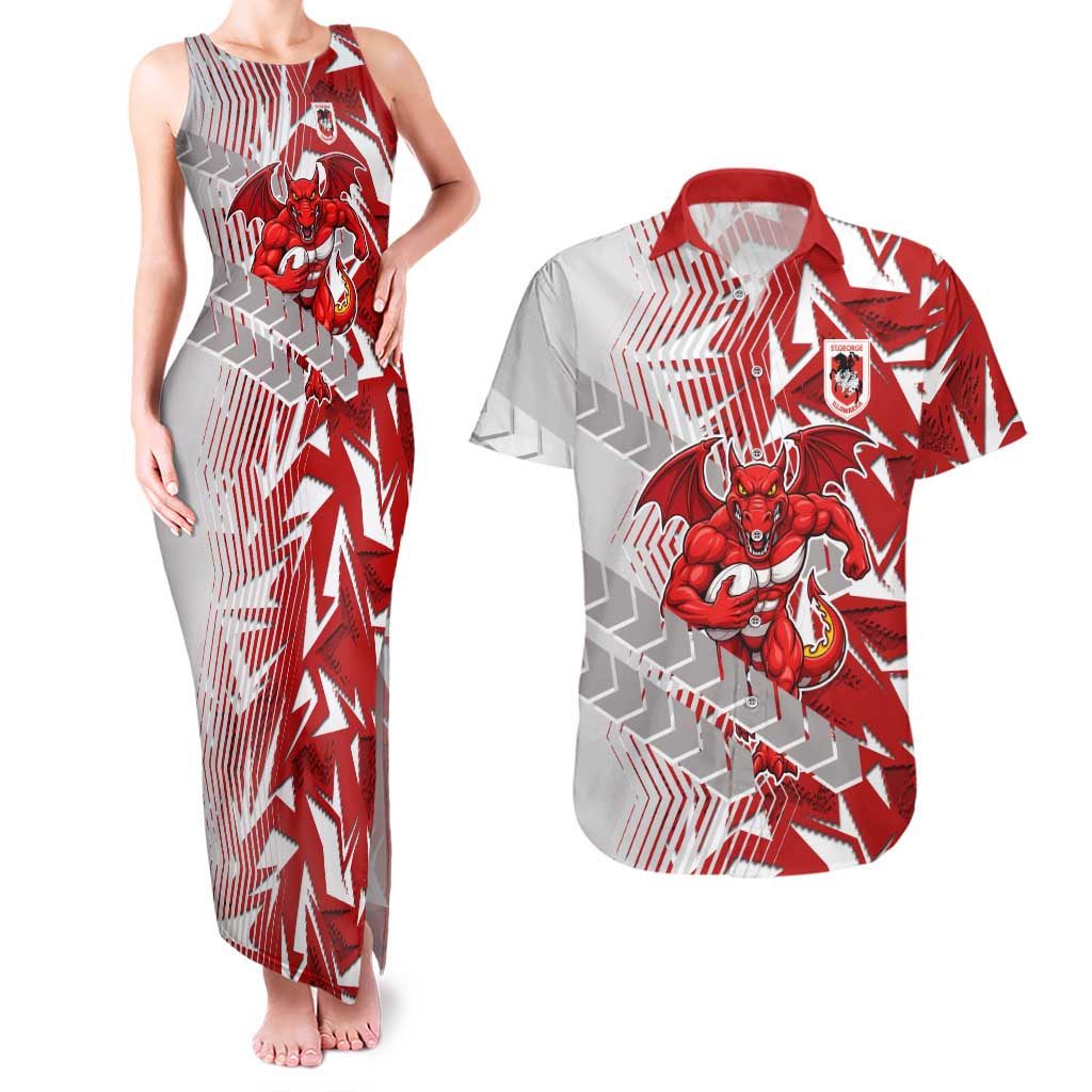 St George Illawarra Dragons Rugby Couples Matching Tank Maxi Dress and Hawaiian Shirt Fierce Mascot Geometric Tribal Art