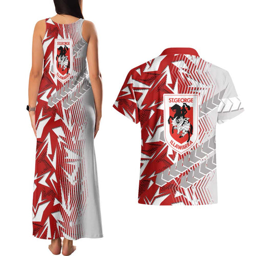 St George Illawarra Dragons Rugby Couples Matching Tank Maxi Dress and Hawaiian Shirt Fierce Mascot Geometric Tribal Art