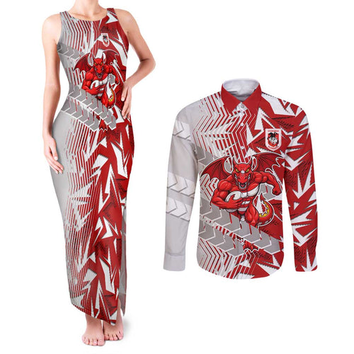 St George Illawarra Dragons Rugby Couples Matching Tank Maxi Dress and Long Sleeve Button Shirt Fierce Mascot Geometric Tribal Art