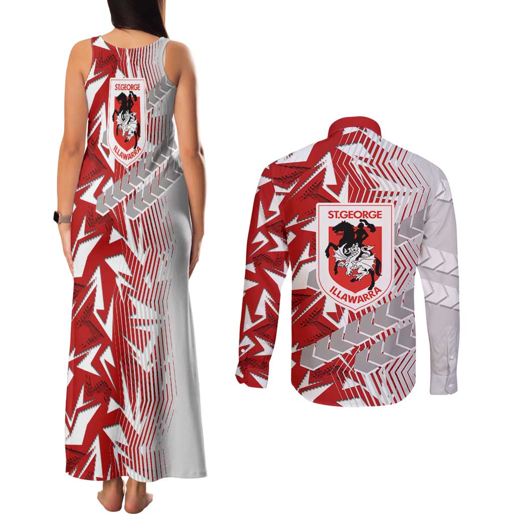 St George Illawarra Dragons Rugby Couples Matching Tank Maxi Dress and Long Sleeve Button Shirt Fierce Mascot Geometric Tribal Art