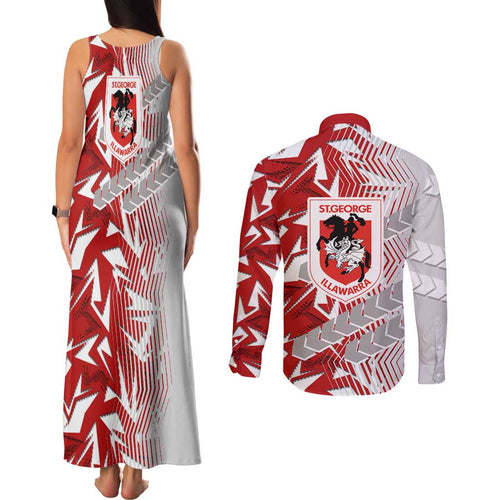 St George Illawarra Dragons Rugby Couples Matching Tank Maxi Dress and Long Sleeve Button Shirt Fierce Mascot Geometric Tribal Art