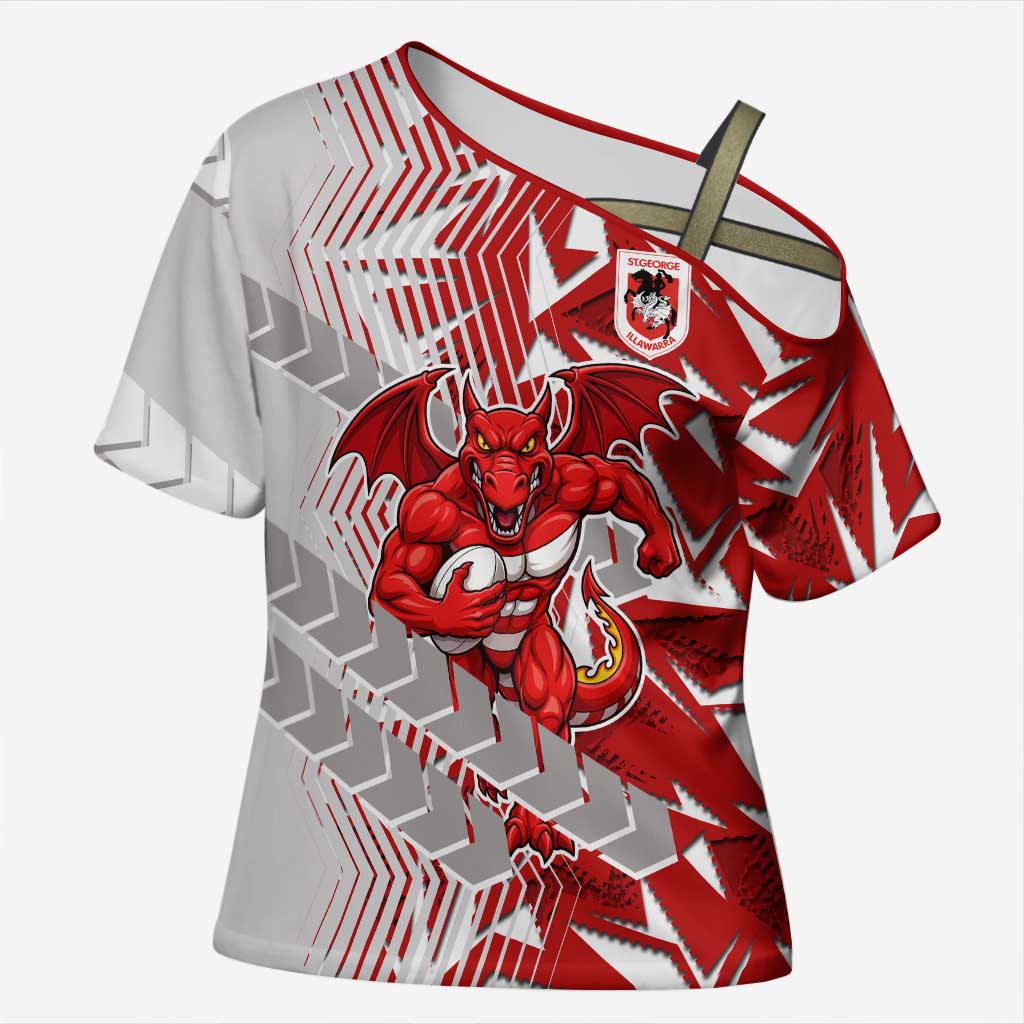 St George Illawarra Dragons Rugby Cross Shoulder Shirt Fierce Mascot Geometric Tribal Art