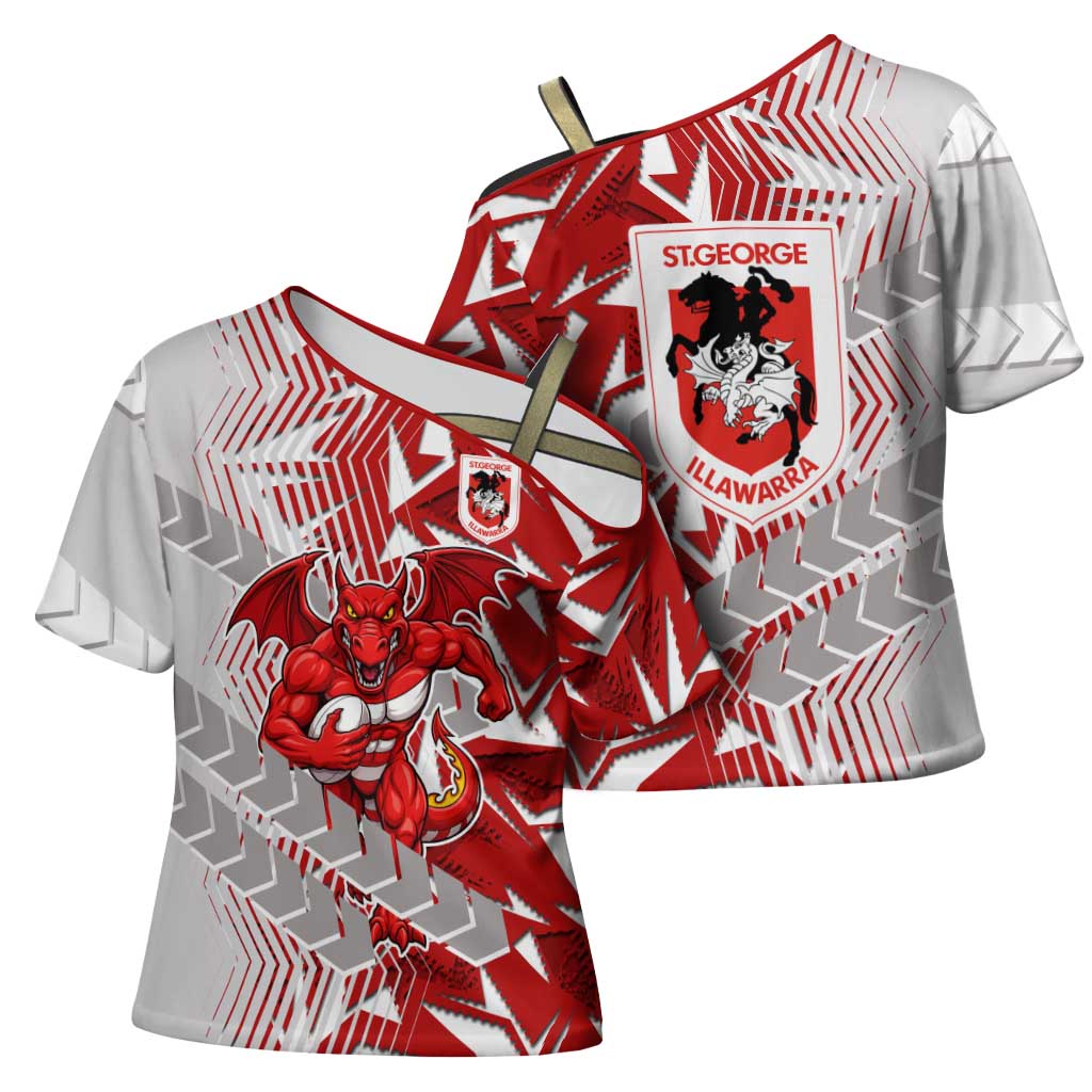 St George Illawarra Dragons Rugby Cross Shoulder Shirt Fierce Mascot Geometric Tribal Art