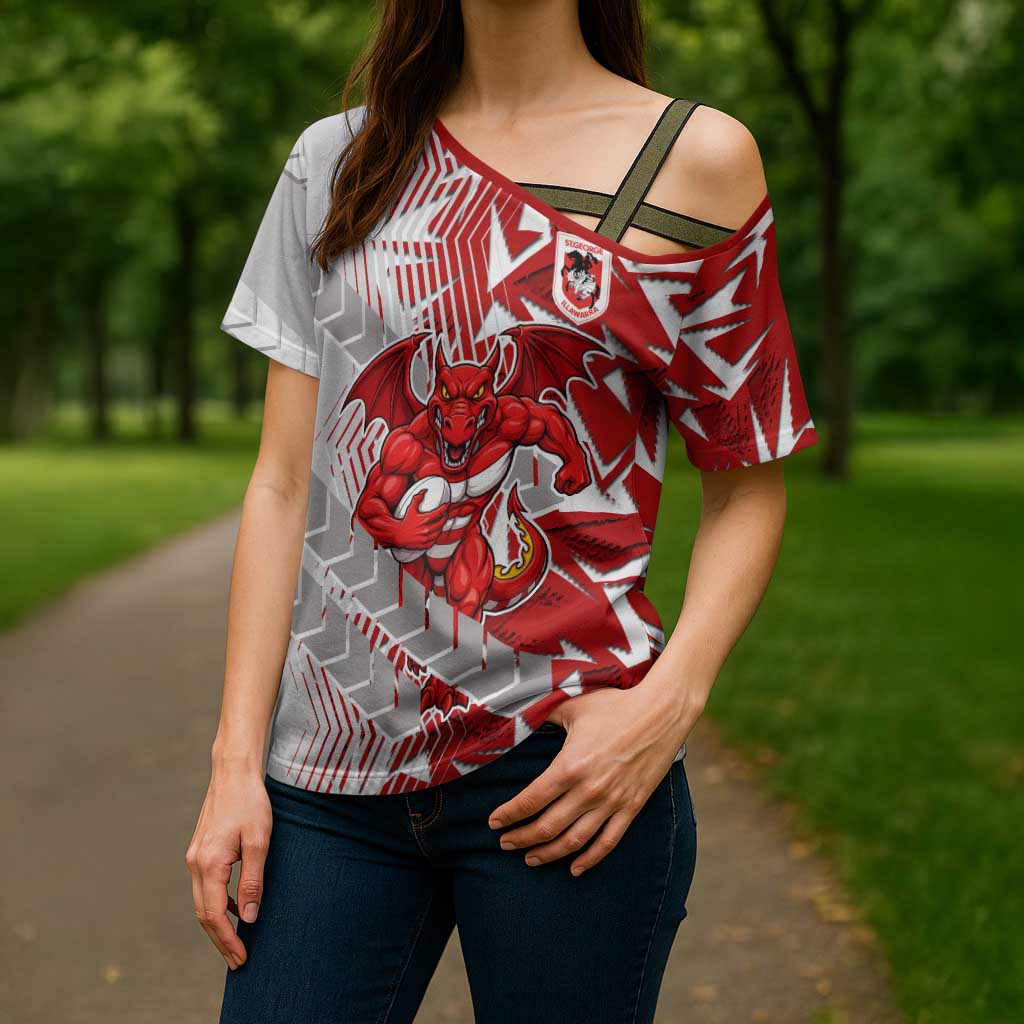 St George Illawarra Dragons Rugby Cross Shoulder Shirt Fierce Mascot Geometric Tribal Art
