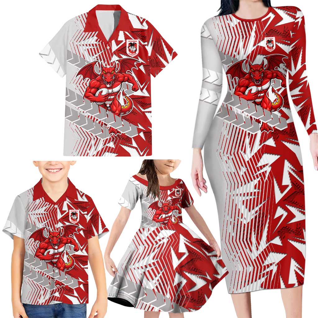 St George Illawarra Dragons Rugby Family Matching Long Sleeve Bodycon Dress and Hawaiian Shirt Fierce Mascot Geometric Tribal Art