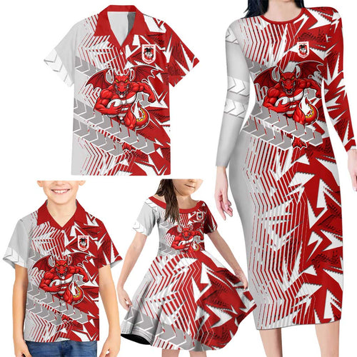 St George Illawarra Dragons Rugby Family Matching Long Sleeve Bodycon Dress and Hawaiian Shirt Fierce Mascot Geometric Tribal Art
