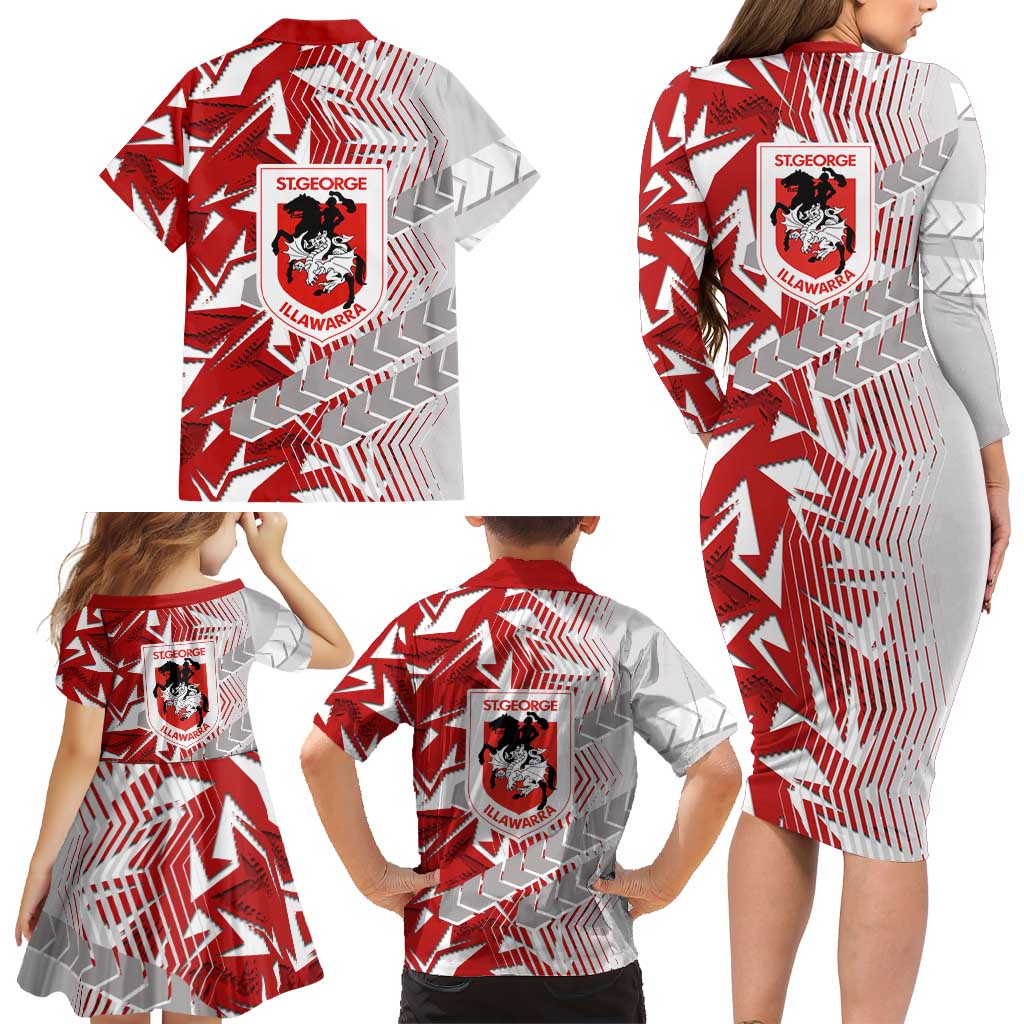 St George Illawarra Dragons Rugby Family Matching Long Sleeve Bodycon Dress and Hawaiian Shirt Fierce Mascot Geometric Tribal Art