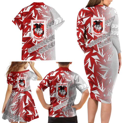 St George Illawarra Dragons Rugby Family Matching Long Sleeve Bodycon Dress and Hawaiian Shirt Fierce Mascot Geometric Tribal Art