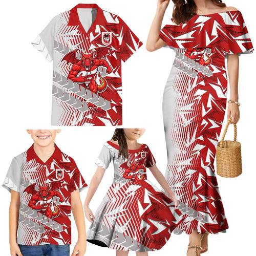 St George Illawarra Dragons Rugby Family Matching Mermaid Dress and Hawaiian Shirt Fierce Mascot Geometric Tribal Art