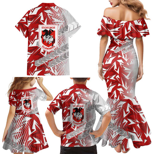 St George Illawarra Dragons Rugby Family Matching Mermaid Dress and Hawaiian Shirt Fierce Mascot Geometric Tribal Art