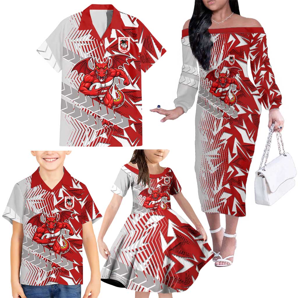 St George Illawarra Dragons Rugby Family Matching Off The Shoulder Long Sleeve Dress and Hawaiian Shirt Fierce Mascot Geometric Tribal Art