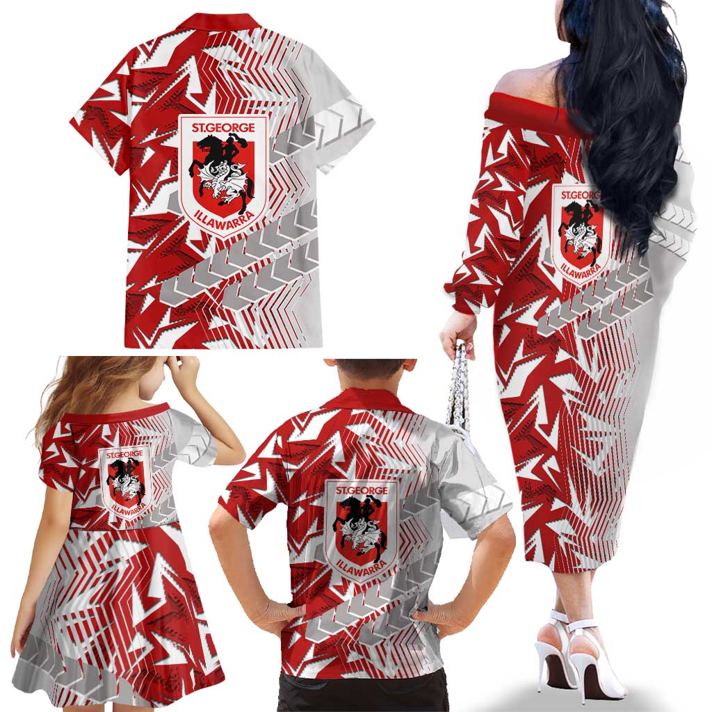 St George Illawarra Dragons Rugby Family Matching Off The Shoulder Long Sleeve Dress and Hawaiian Shirt Fierce Mascot Geometric Tribal Art