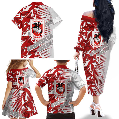 St George Illawarra Dragons Rugby Family Matching Off The Shoulder Long Sleeve Dress and Hawaiian Shirt Fierce Mascot Geometric Tribal Art