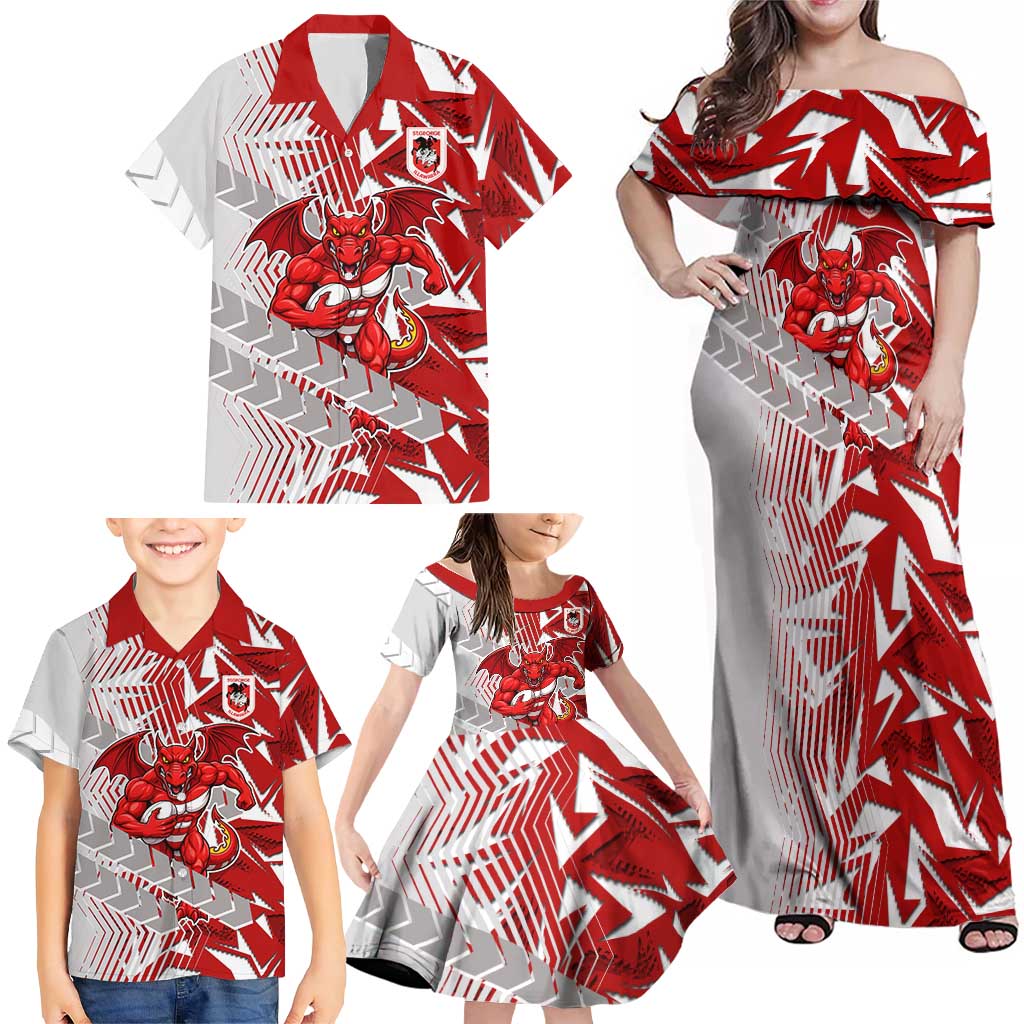 St George Illawarra Dragons Rugby Family Matching Off Shoulder Maxi Dress and Hawaiian Shirt Fierce Mascot Geometric Tribal Art