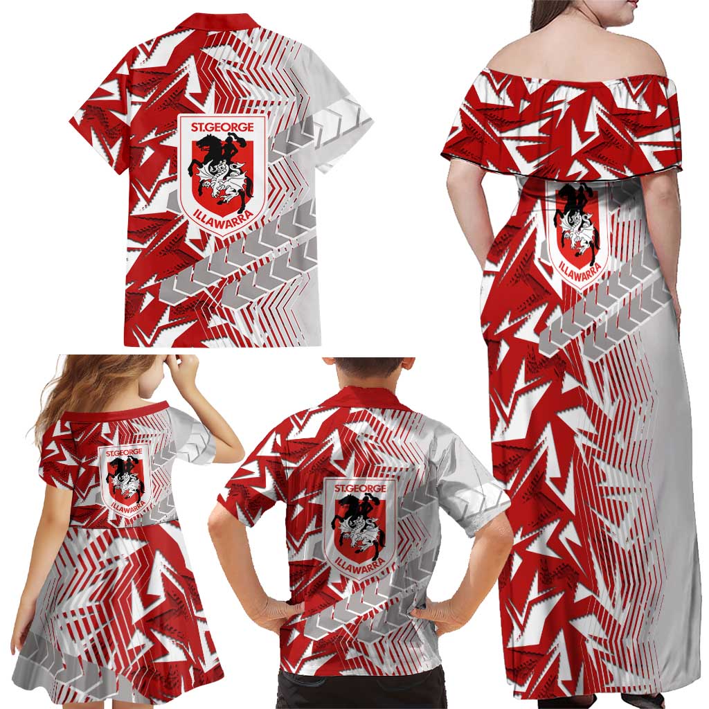 St George Illawarra Dragons Rugby Family Matching Off Shoulder Maxi Dress and Hawaiian Shirt Fierce Mascot Geometric Tribal Art