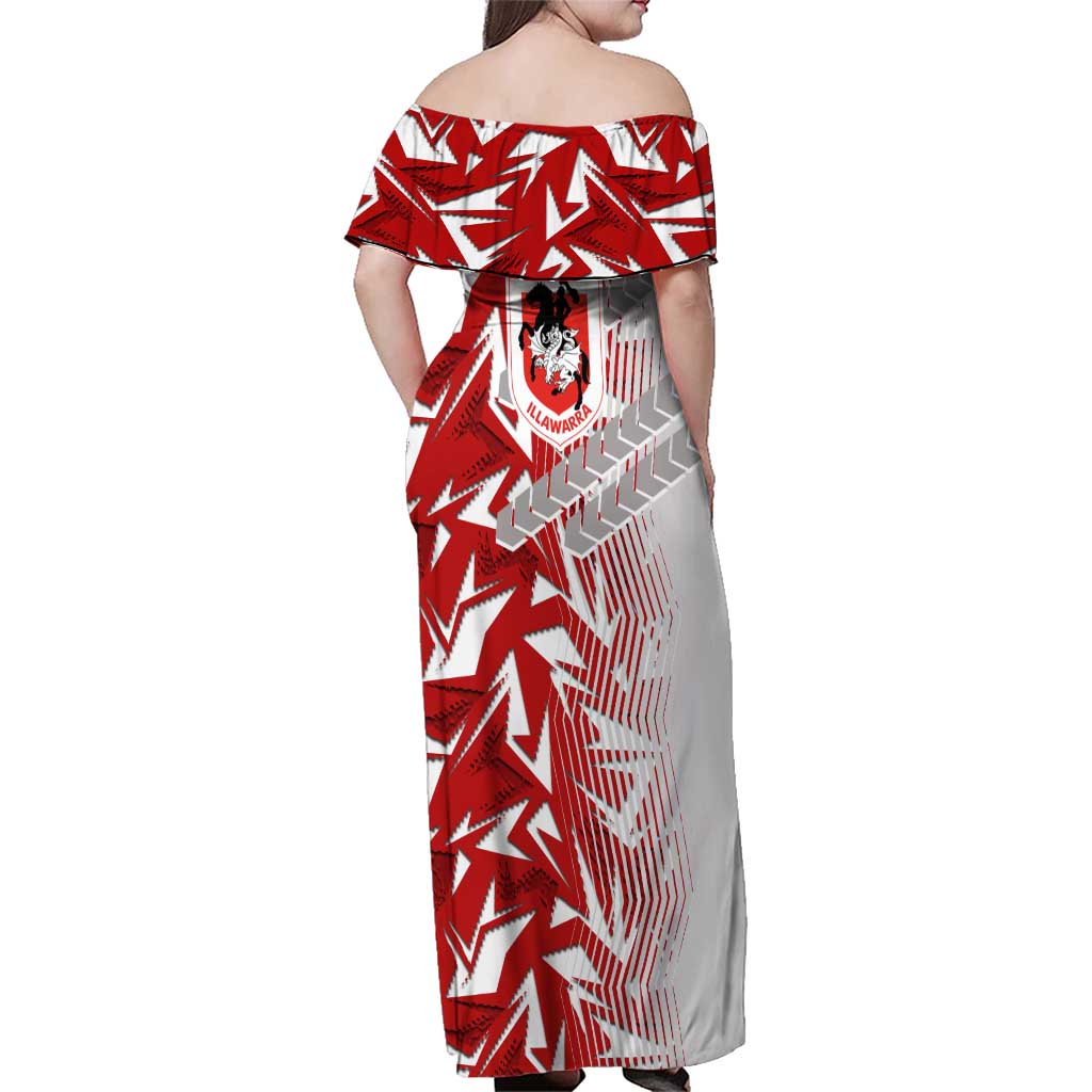 St George Illawarra Dragons Rugby Family Matching Off Shoulder Maxi Dress and Hawaiian Shirt Fierce Mascot Geometric Tribal Art