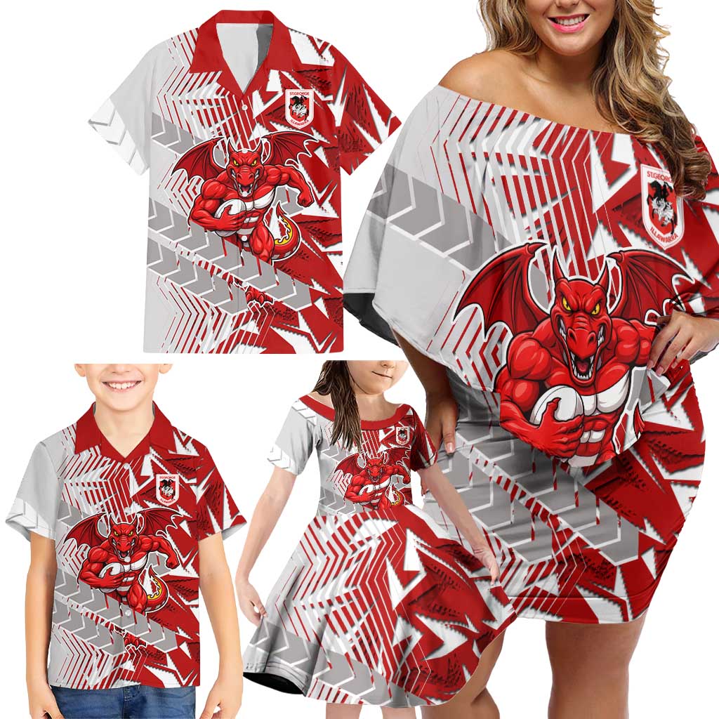 St George Illawarra Dragons Rugby Family Matching Off Shoulder Short Dress and Hawaiian Shirt Fierce Mascot Geometric Tribal Art
