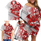 St George Illawarra Dragons Rugby Family Matching Off Shoulder Short Dress and Hawaiian Shirt Fierce Mascot Geometric Tribal Art