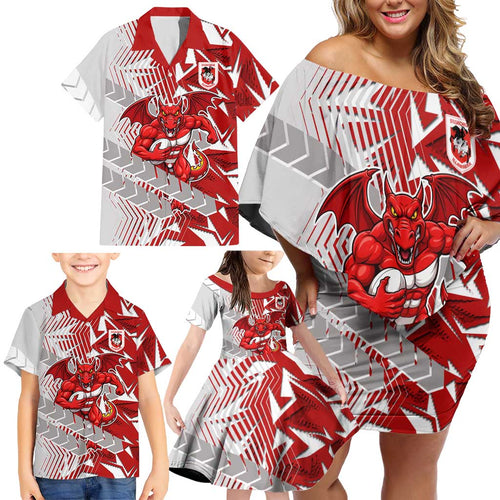 St George Illawarra Dragons Rugby Family Matching Off Shoulder Short Dress and Hawaiian Shirt Fierce Mascot Geometric Tribal Art
