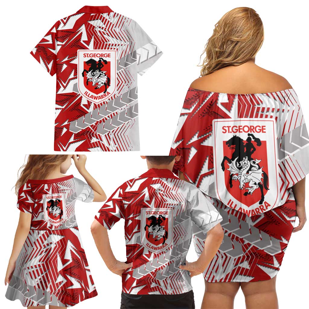 St George Illawarra Dragons Rugby Family Matching Off Shoulder Short Dress and Hawaiian Shirt Fierce Mascot Geometric Tribal Art