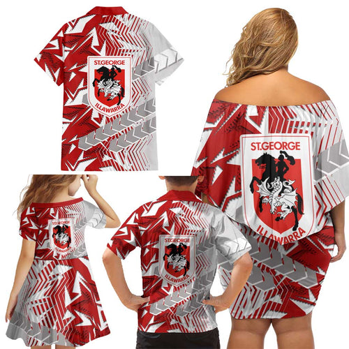 St George Illawarra Dragons Rugby Family Matching Off Shoulder Short Dress and Hawaiian Shirt Fierce Mascot Geometric Tribal Art