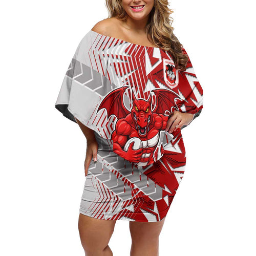 St George Illawarra Dragons Rugby Family Matching Off Shoulder Short Dress and Hawaiian Shirt Fierce Mascot Geometric Tribal Art