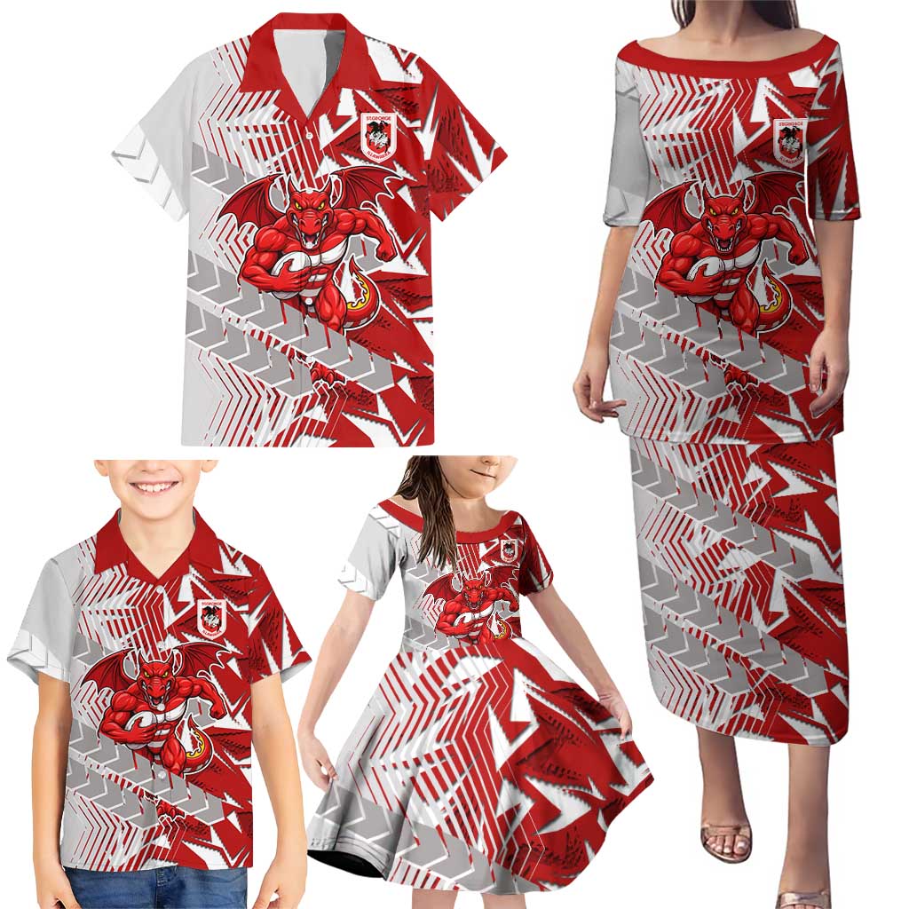 St George Illawarra Dragons Rugby Family Matching Puletasi and Hawaiian Shirt Fierce Mascot Geometric Tribal Art