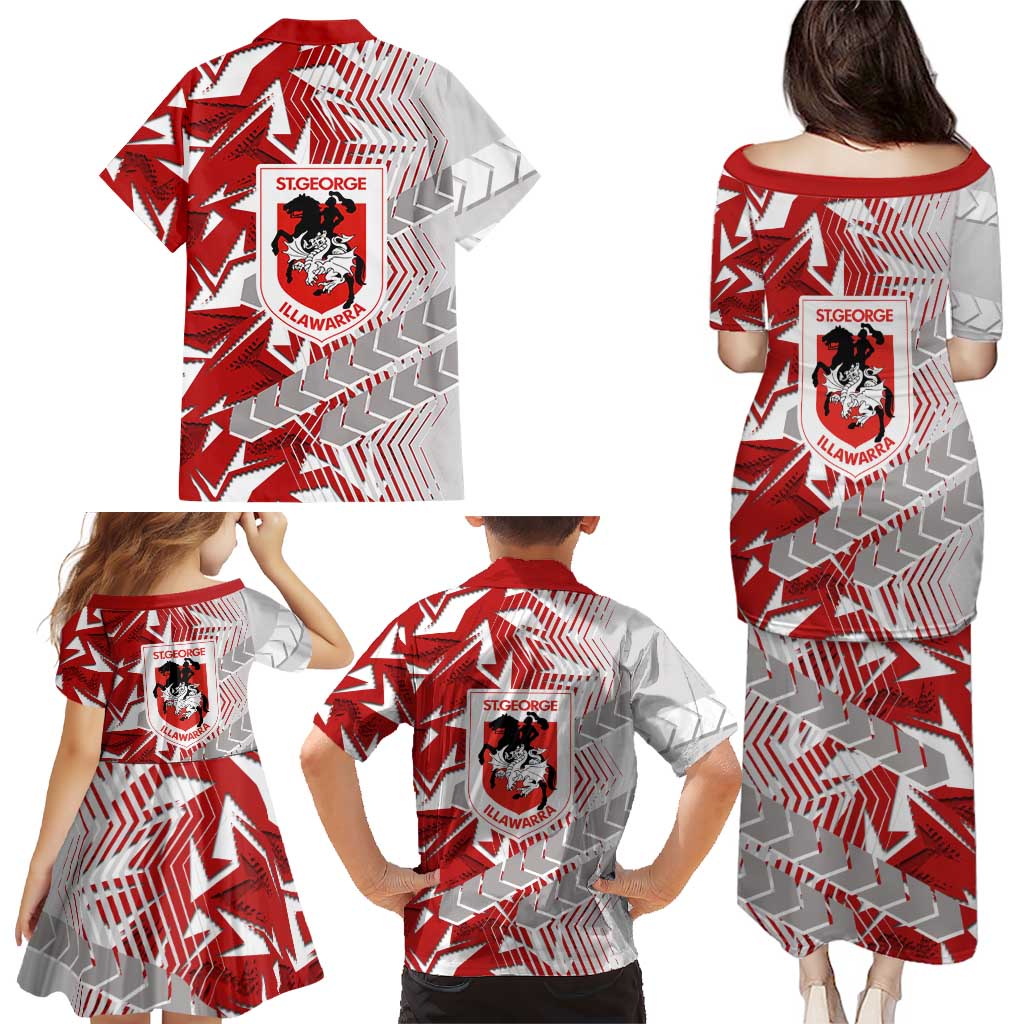 St George Illawarra Dragons Rugby Family Matching Puletasi and Hawaiian Shirt Fierce Mascot Geometric Tribal Art