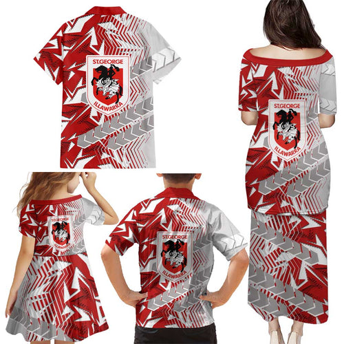 St George Illawarra Dragons Rugby Family Matching Puletasi and Hawaiian Shirt Fierce Mascot Geometric Tribal Art