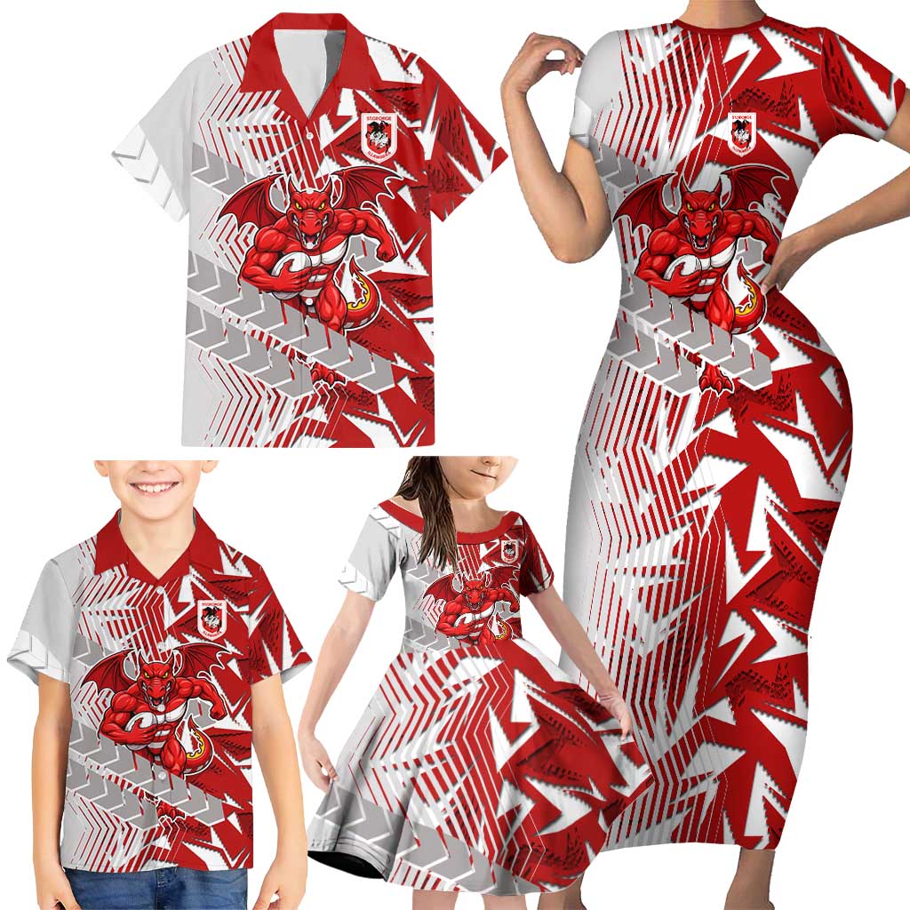 St George Illawarra Dragons Rugby Family Matching Short Sleeve Bodycon Dress and Hawaiian Shirt Fierce Mascot Geometric Tribal Art