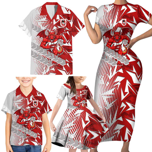 St George Illawarra Dragons Rugby Family Matching Short Sleeve Bodycon Dress and Hawaiian Shirt Fierce Mascot Geometric Tribal Art