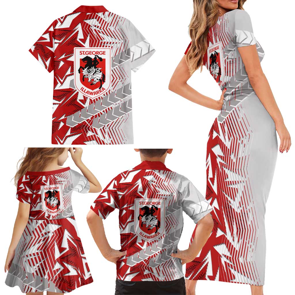 St George Illawarra Dragons Rugby Family Matching Short Sleeve Bodycon Dress and Hawaiian Shirt Fierce Mascot Geometric Tribal Art