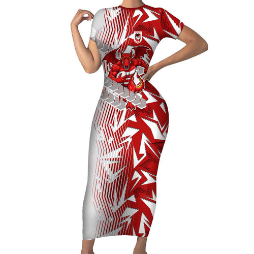 St George Illawarra Dragons Rugby Family Matching Short Sleeve Bodycon Dress and Hawaiian Shirt Fierce Mascot Geometric Tribal Art