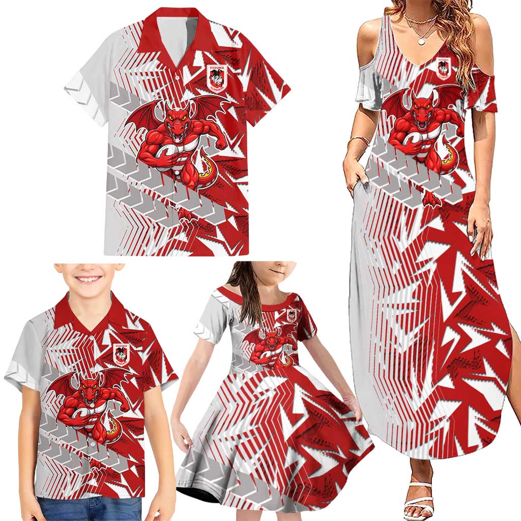 St George Illawarra Dragons Rugby Family Matching Summer Maxi Dress and Hawaiian Shirt Fierce Mascot Geometric Tribal Art