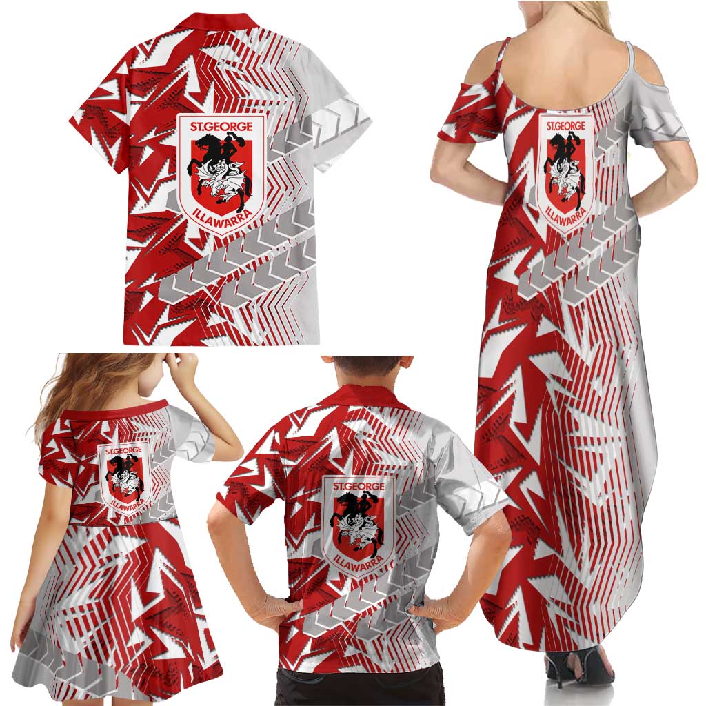 St George Illawarra Dragons Rugby Family Matching Summer Maxi Dress and Hawaiian Shirt Fierce Mascot Geometric Tribal Art