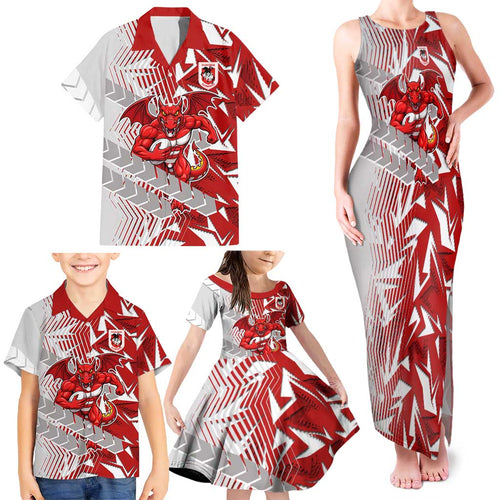 St George Illawarra Dragons Rugby Family Matching Tank Maxi Dress and Hawaiian Shirt Fierce Mascot Geometric Tribal Art