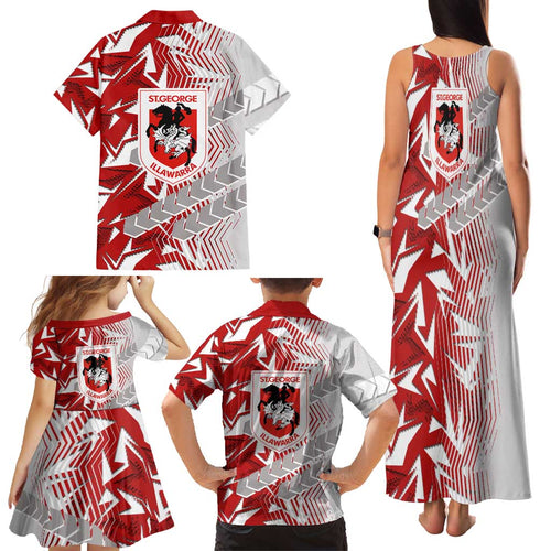 St George Illawarra Dragons Rugby Family Matching Tank Maxi Dress and Hawaiian Shirt Fierce Mascot Geometric Tribal Art