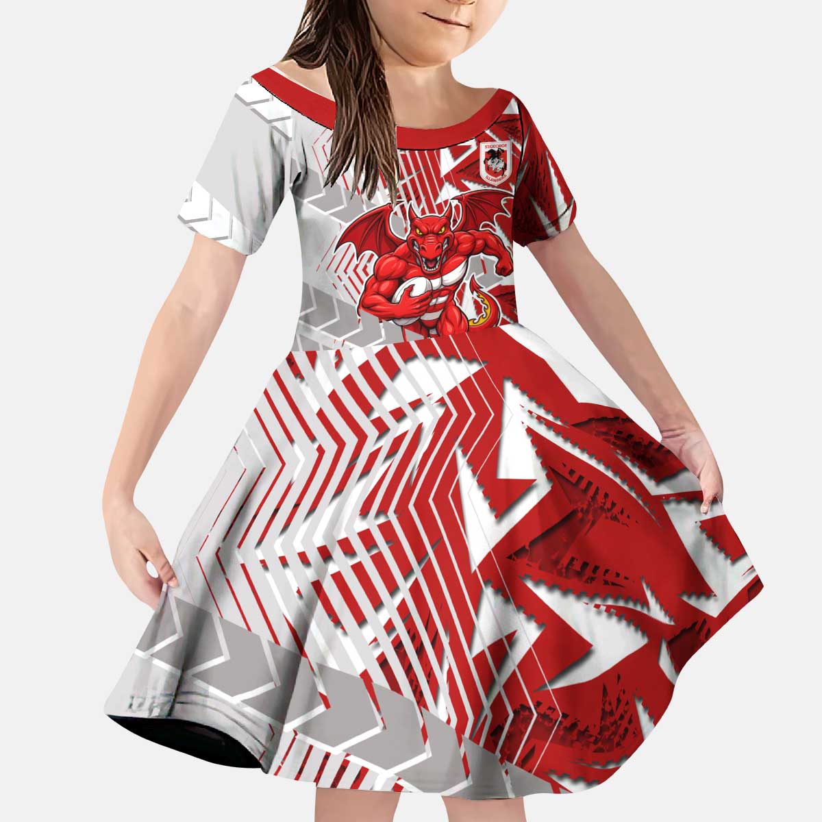St George Illawarra Dragons Rugby Kid Short Sleeve Dress Fierce Mascot Geometric Tribal Art