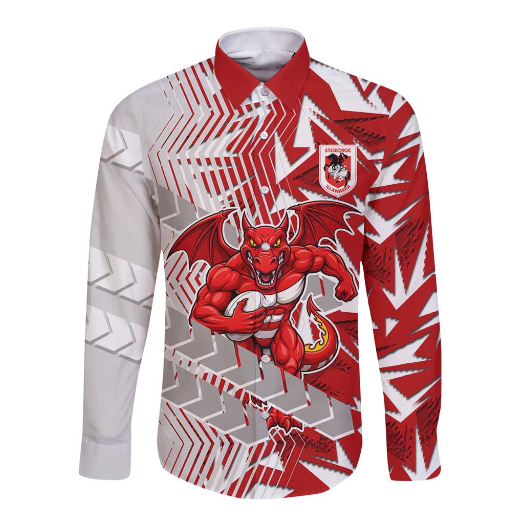 St George Illawarra Dragons Rugby Long Sleeve Button Shirt Fierce Mascot Geometric Tribal Art